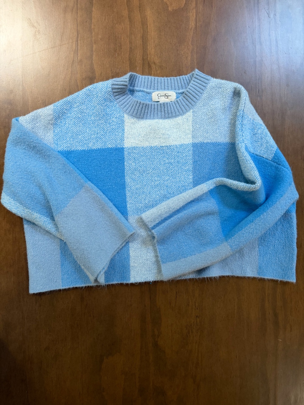 Blue Check Crop Crewneck Sweater - Women
